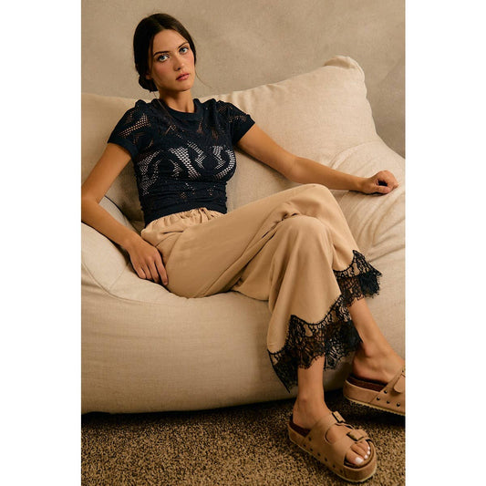 LINEN BLEND LACE TRIM BANDING WAIST PANTS: BEIGE / L - Cluff CO LLC