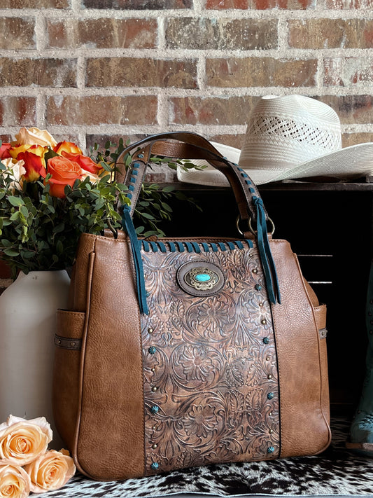 Teal & Tooled Conceal Carry Tote - Cluff CO LLC