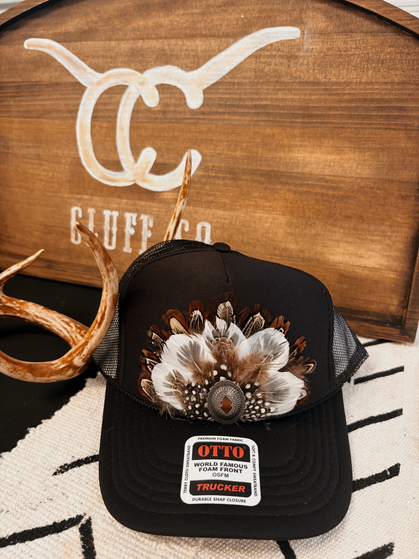 Black Brown/White Feather Trucker Hat