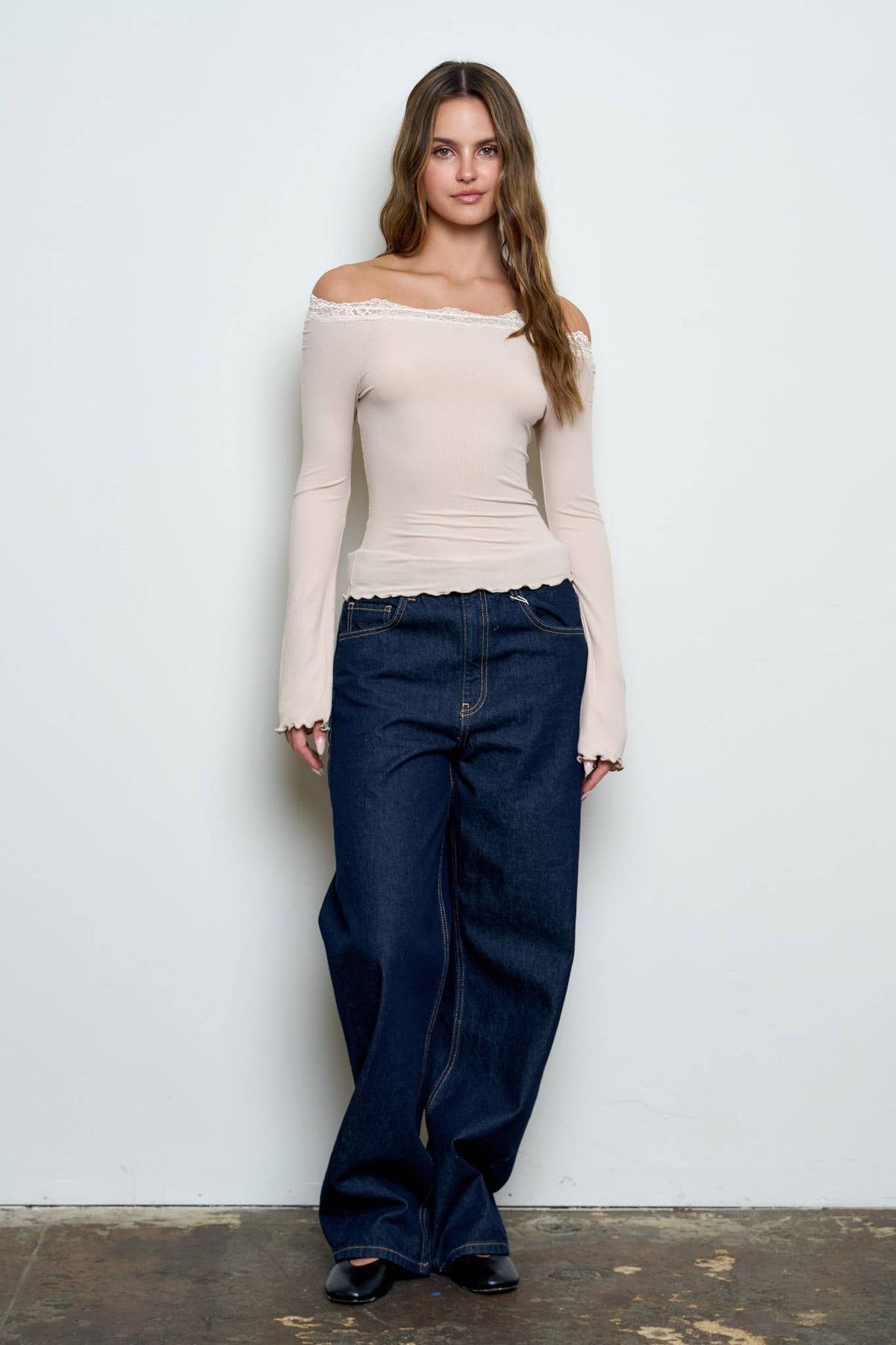 LACE TRIM BOAT NECK RAGLAN SLEEVE RIBBED KNIT TOP : LIGHT KHAKI - Cluff CO LLC
