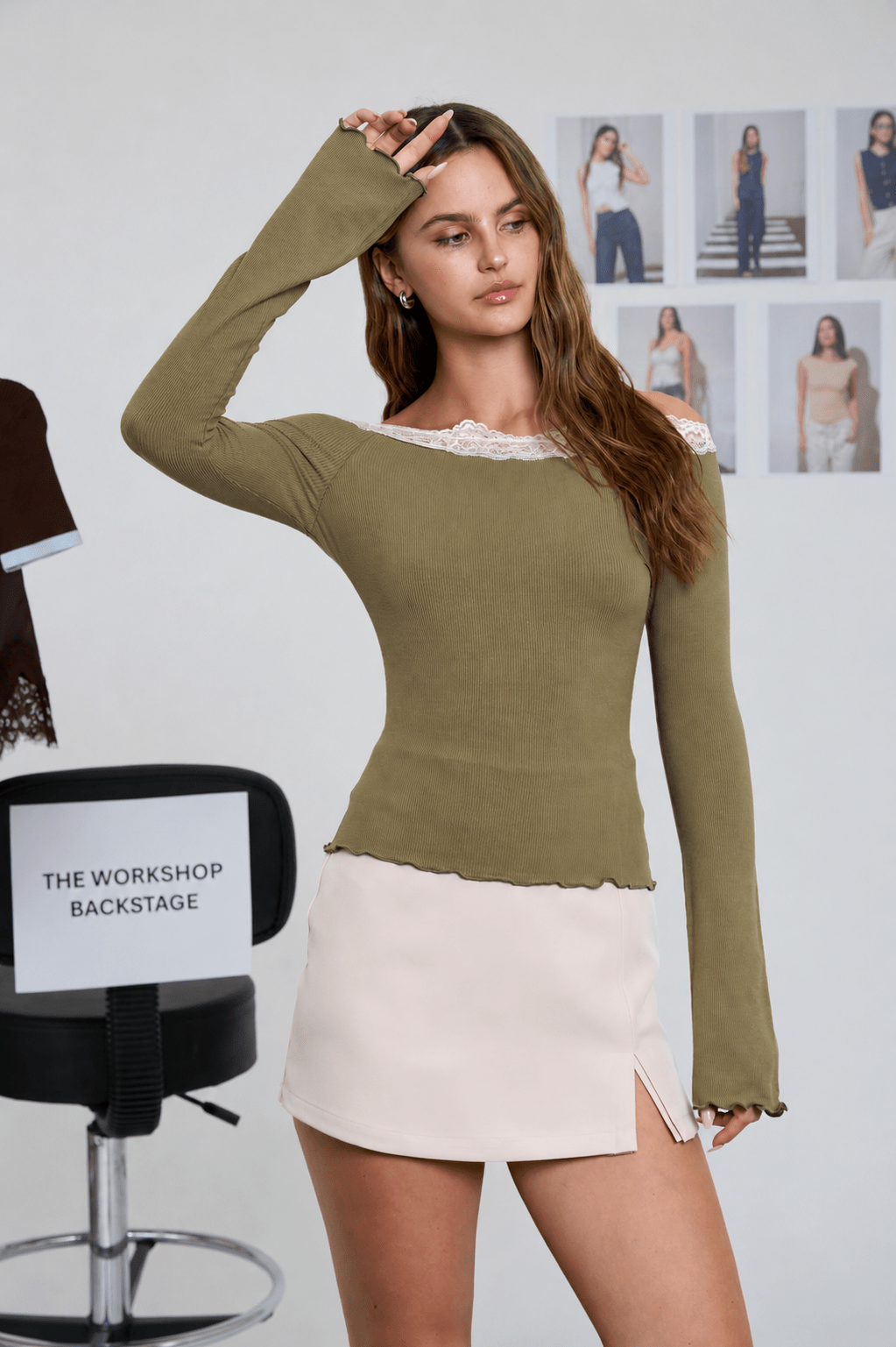 LACE TRIM BOAT NECK RAGLAN SLEEVE RIBBED KNIT TOP : LIGHT KHAKI - Cluff CO LLC