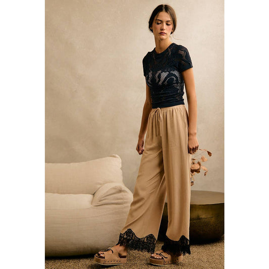 LINEN BLEND LACE TRIM BANDING WAIST PANTS: BEIGE / S - Cluff CO LLC