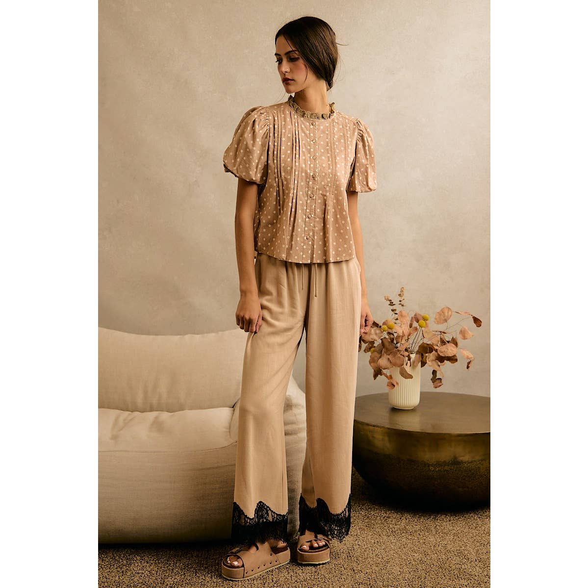 LINEN BLEND LACE TRIM BANDING WAIST PANTS: BEIGE / XL - Cluff CO LLC