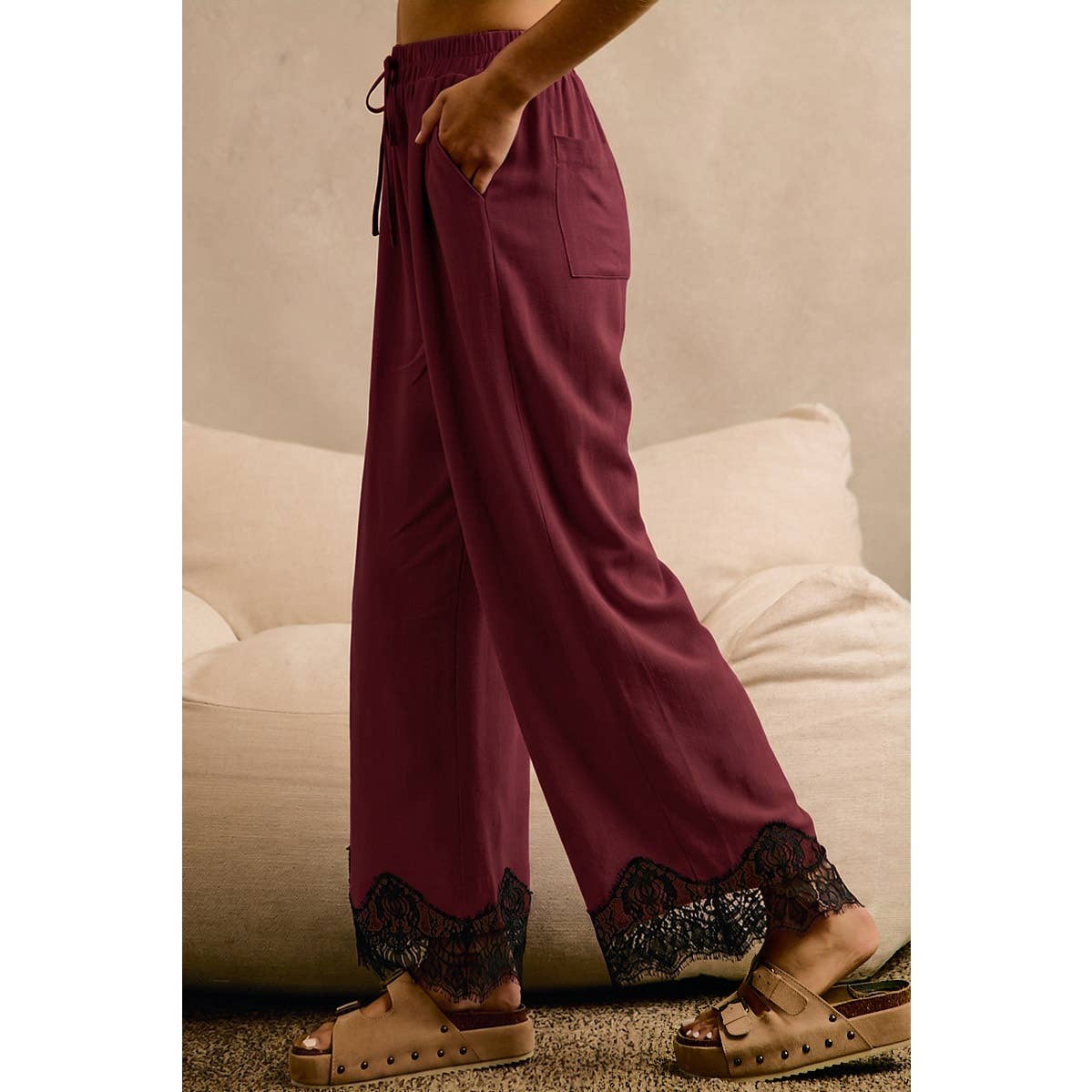LINEN BLEND LACE TRIM BANDING WAIST PANTS: BEIGE / XL - Cluff CO LLC