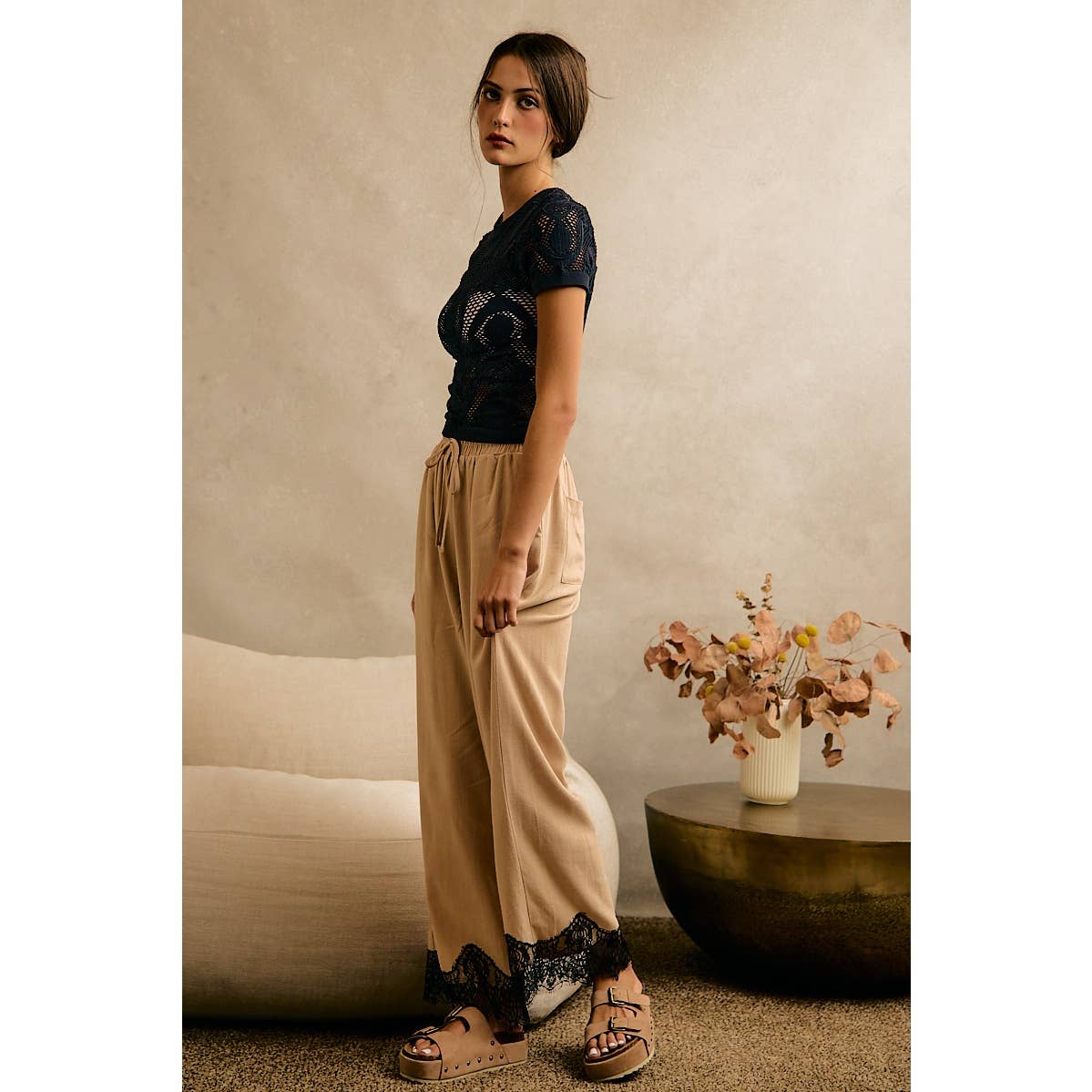 LINEN BLEND LACE TRIM BANDING WAIST PANTS: BEIGE / XL - Cluff CO LLC
