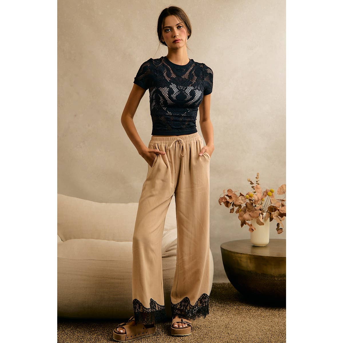 LINEN BLEND LACE TRIM BANDING WAIST PANTS: BEIGE / XL - Cluff CO LLC