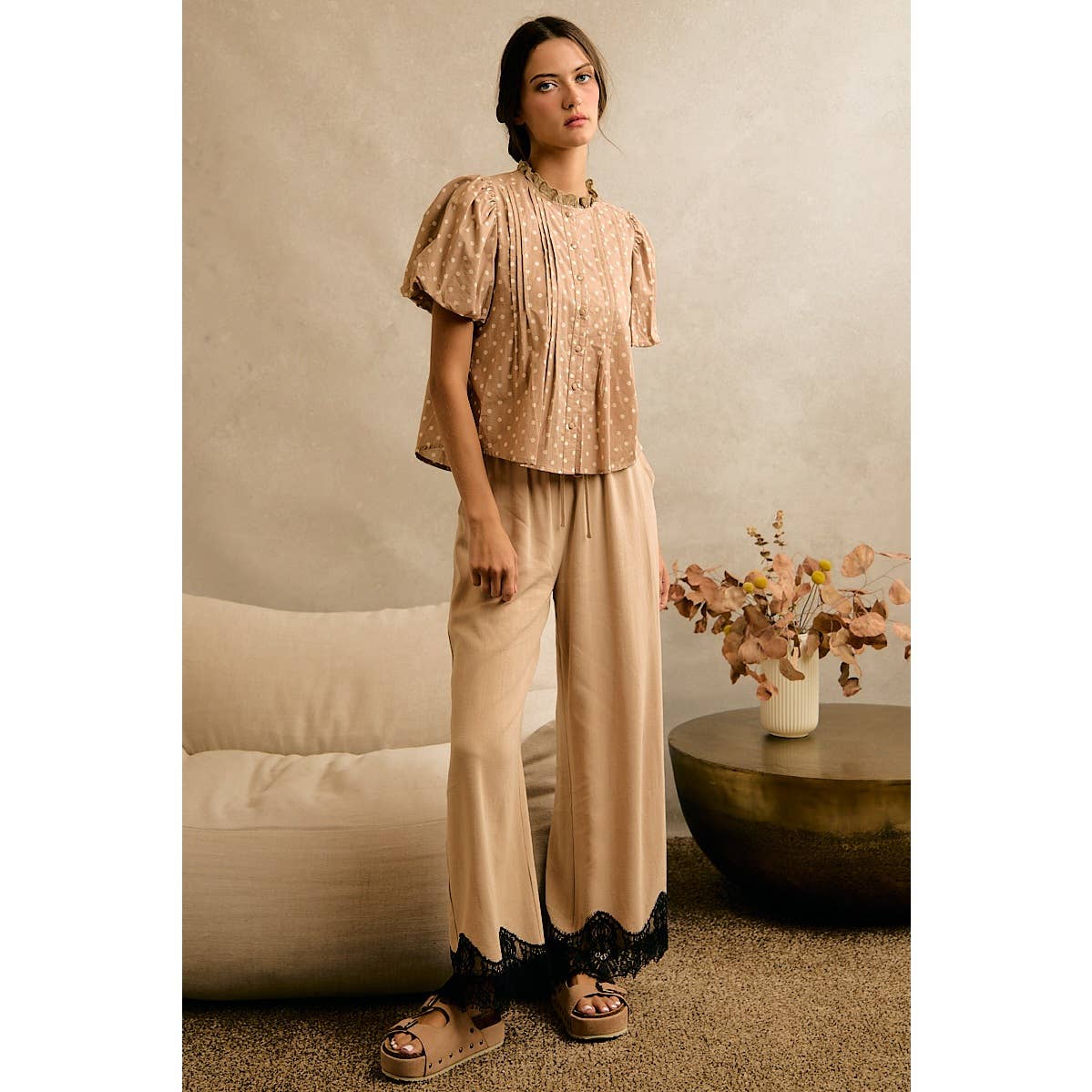 LINEN BLEND LACE TRIM BANDING WAIST PANTS: BEIGE / XL - Cluff CO LLC
