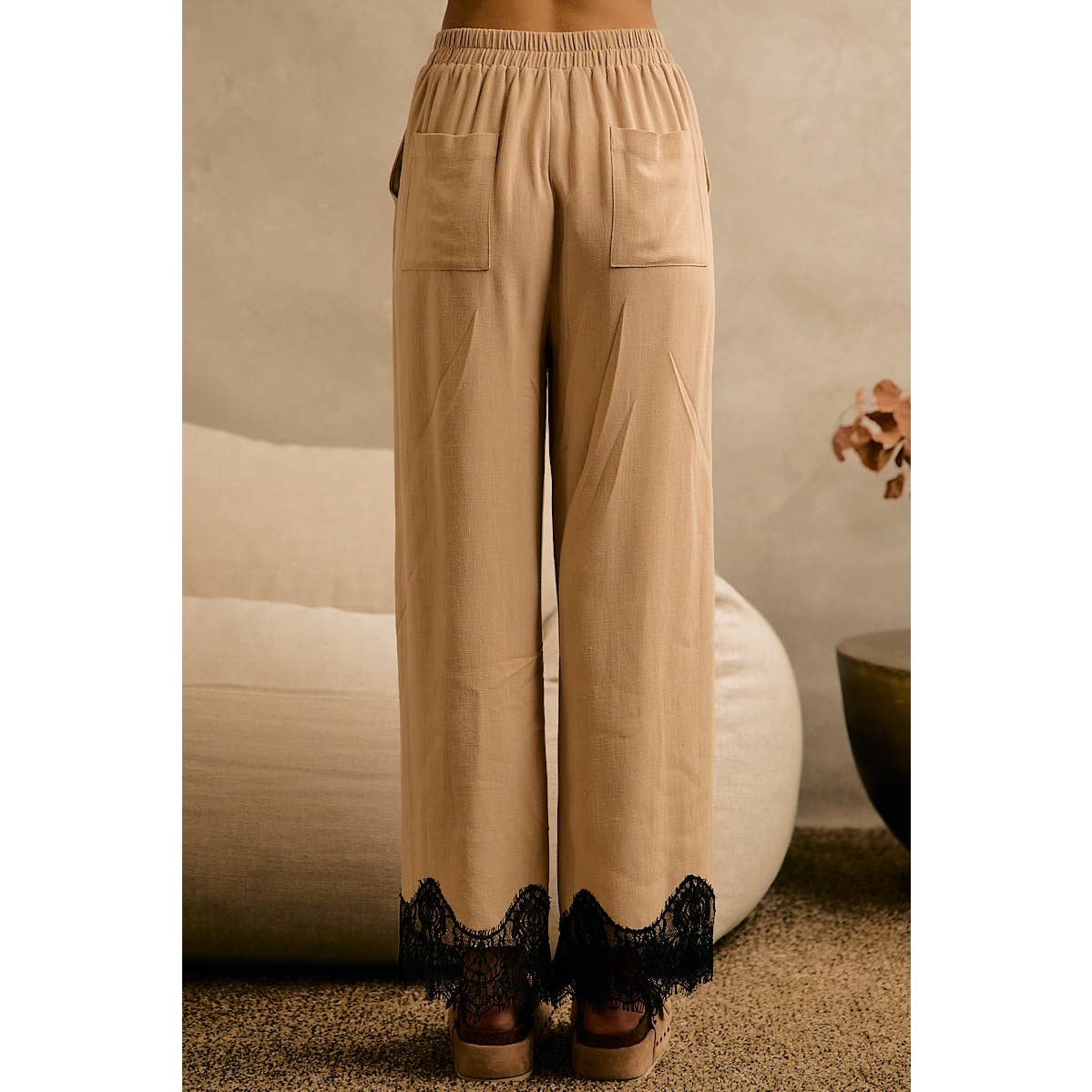 LINEN BLEND LACE TRIM BANDING WAIST PANTS: BEIGE / XL - Cluff CO LLC