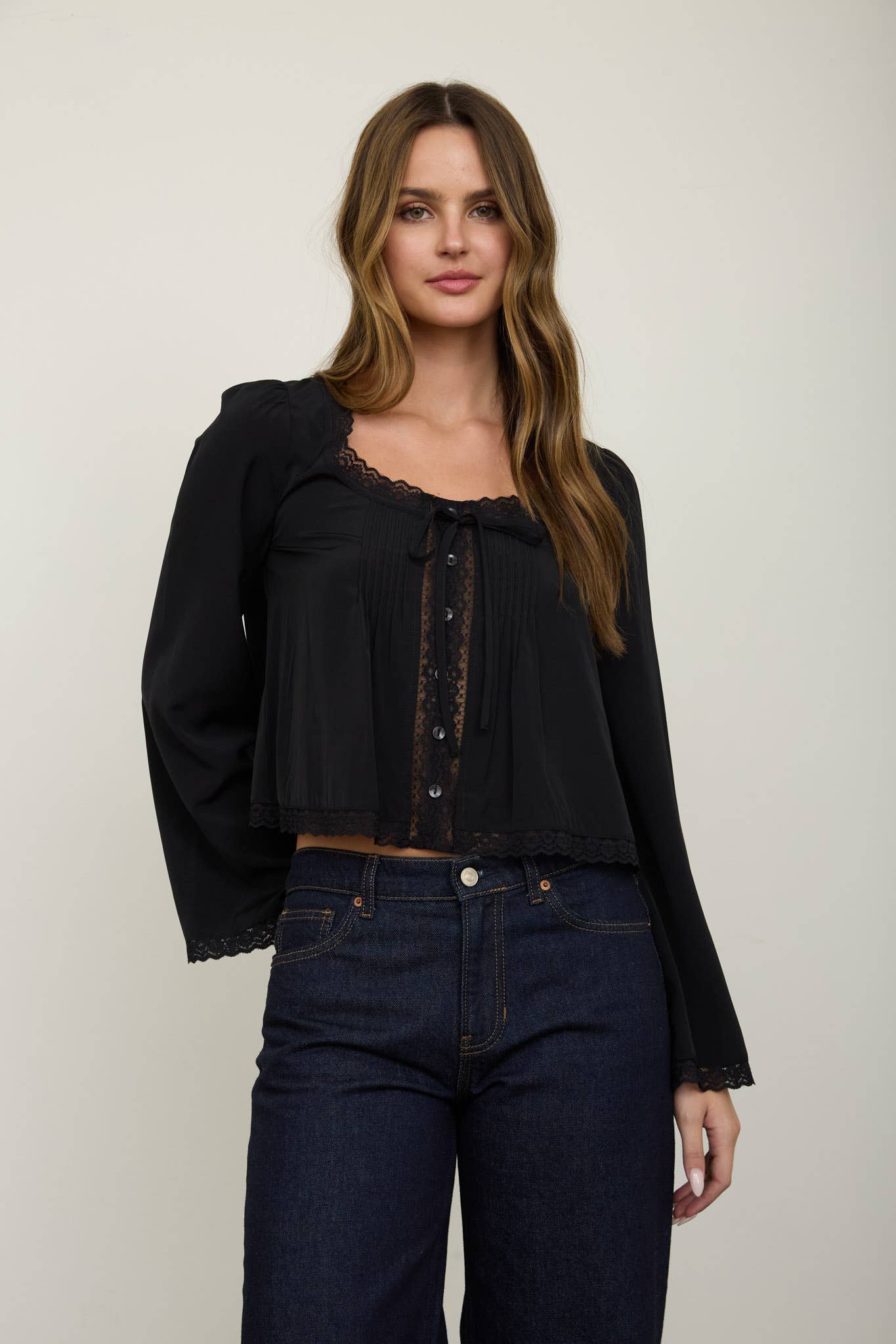 PIN TUCK LACE TRIM FRONT TIE LONG SLEEVE BLOUSE: BLACK - Cluff CO LLC