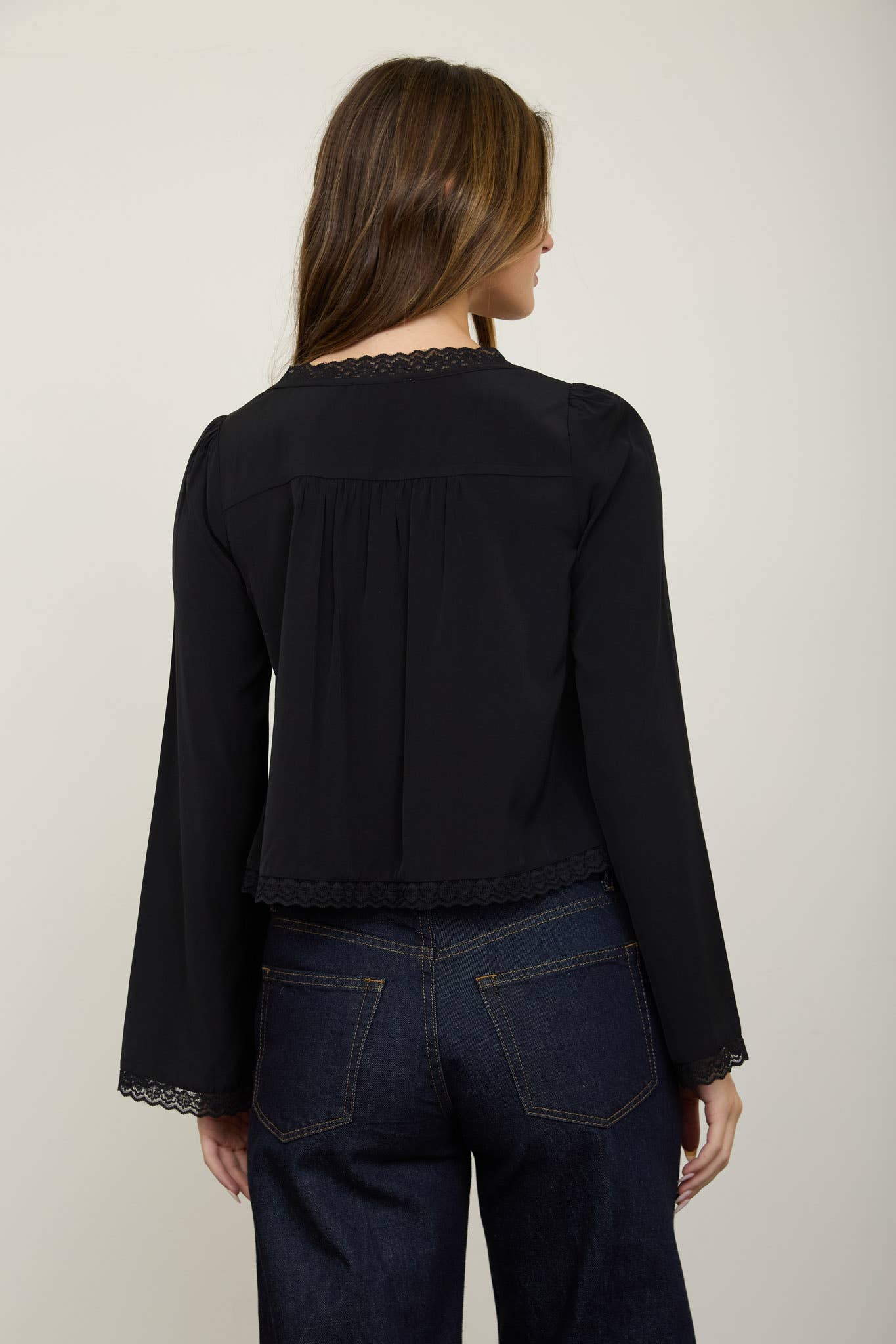 PIN TUCK LACE TRIM FRONT TIE LONG SLEEVE BLOUSE: BLACK - Cluff CO LLC