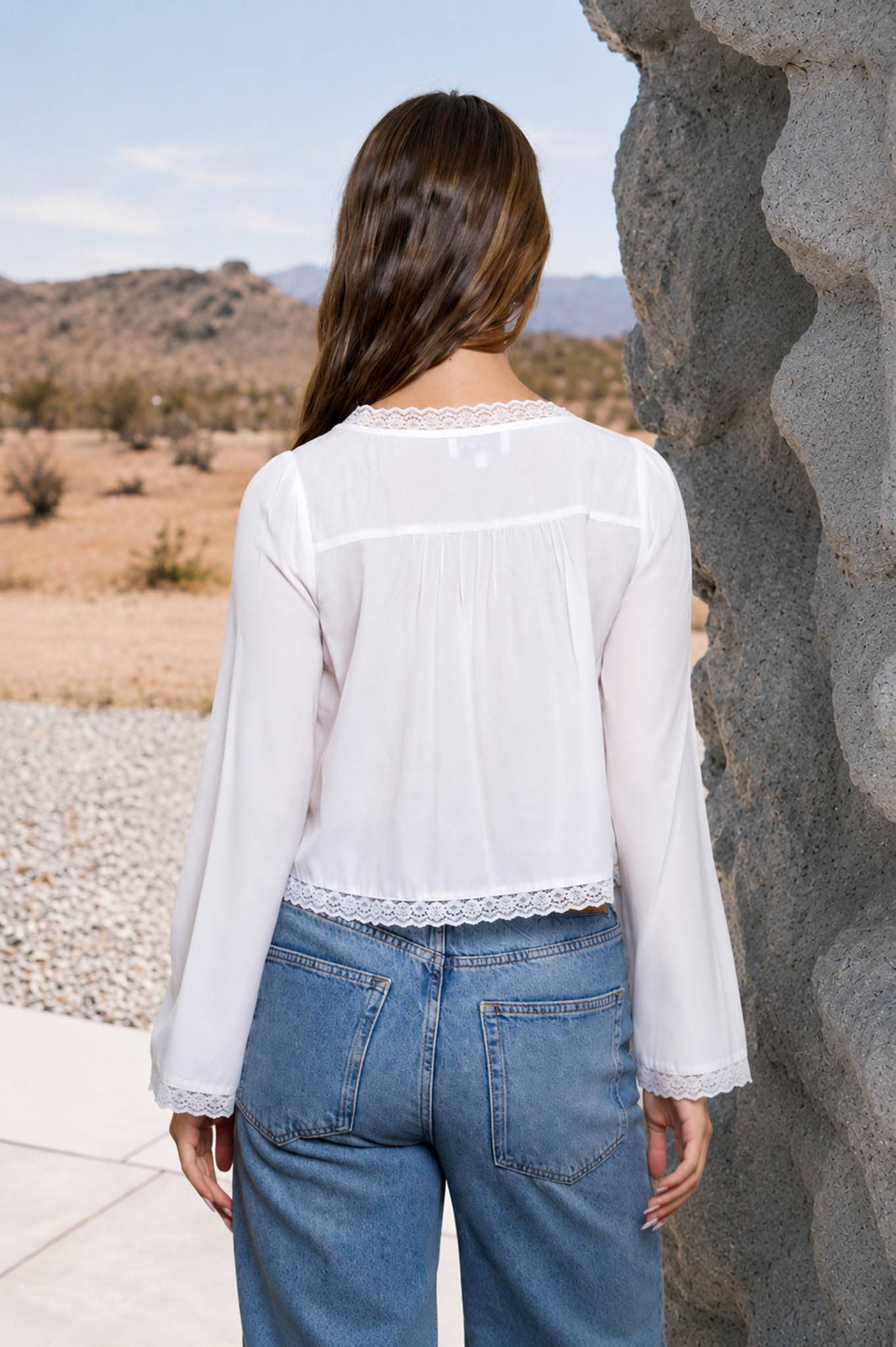 PIN TUCK LACE TRIM FRONT TIE LONG SLEEVE BLOUSE: BLACK - Cluff CO LLC