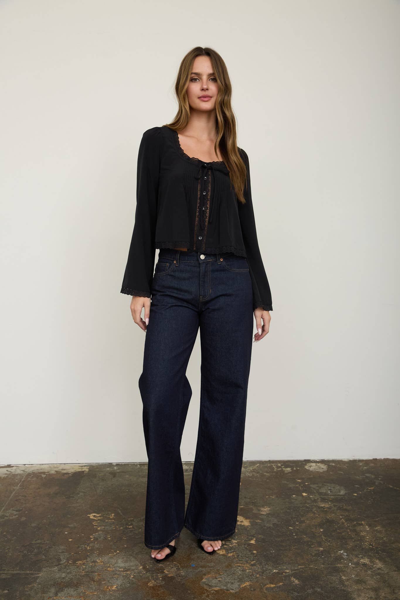 PIN TUCK LACE TRIM FRONT TIE LONG SLEEVE BLOUSE: BLACK - Cluff CO LLC