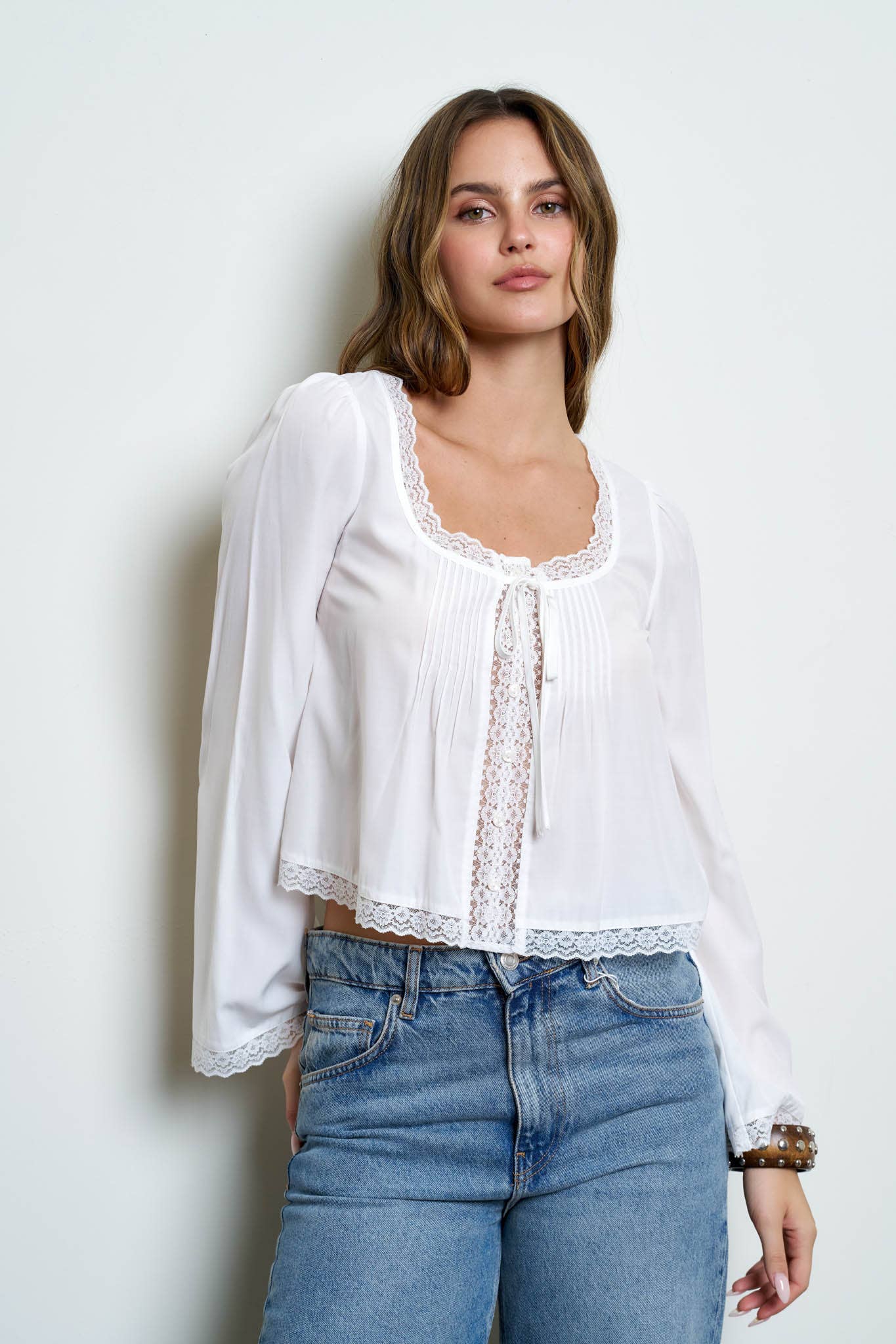 PIN TUCK LACE TRIM FRONT TIE LONG SLEEVE BLOUSE: BLACK - Cluff CO LLC