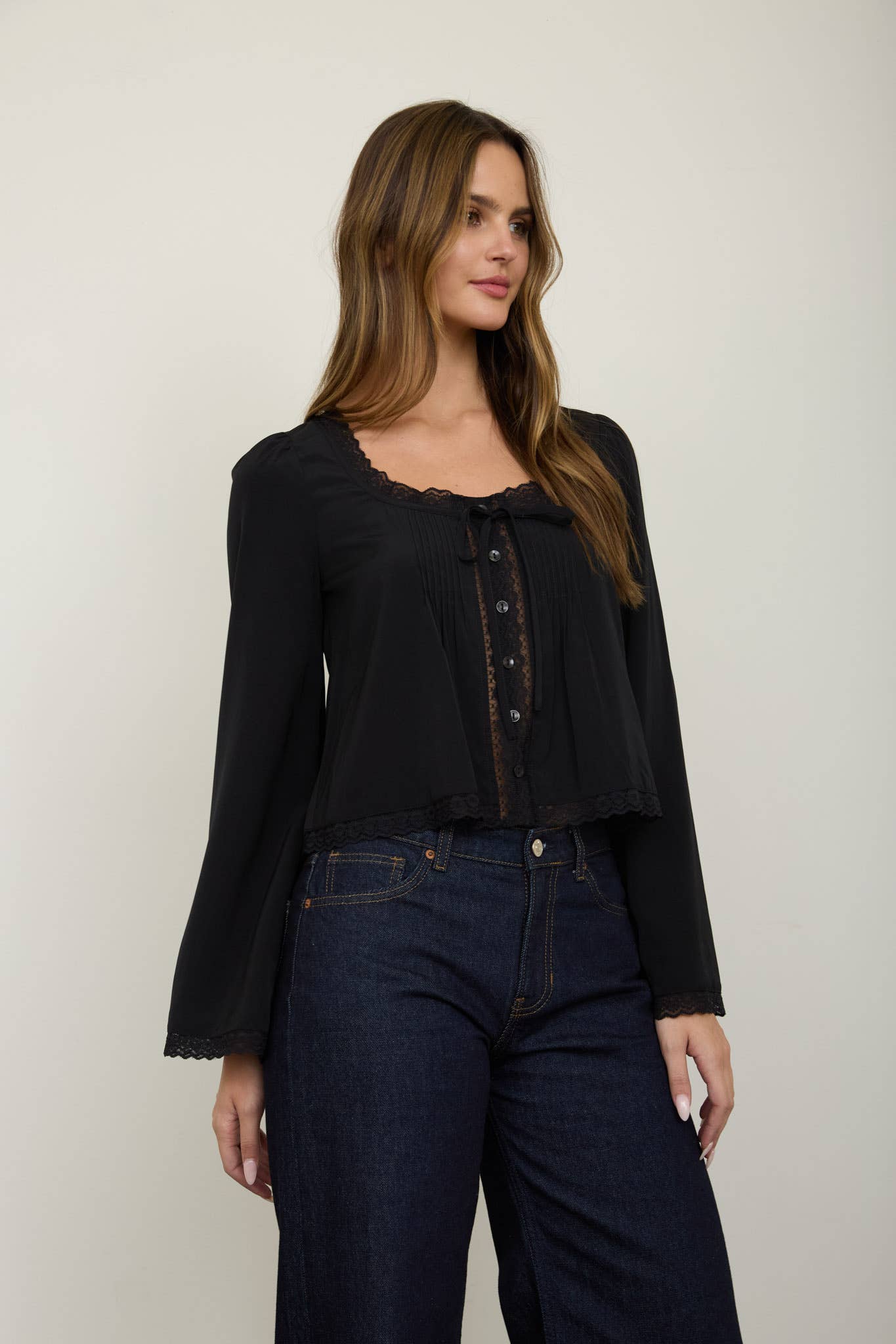PIN TUCK LACE TRIM FRONT TIE LONG SLEEVE BLOUSE: BLACK - Cluff CO LLC