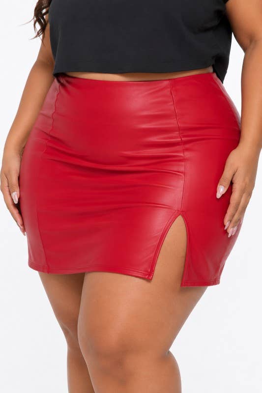 Plus size leather A-line mini short skirt high waist stretch: Red / XL - Cluff CO LLC