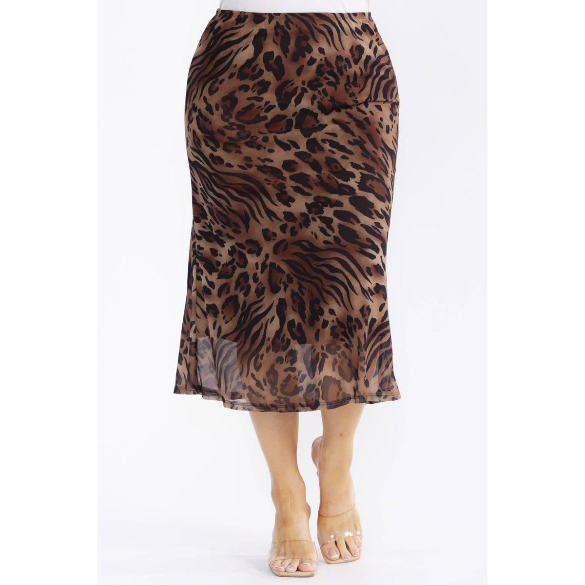 PLUS SIZE LEOPARD ANIMAL PRINT MESH MIDI SKIRT: Brown / 1X - Cluff CO LLC