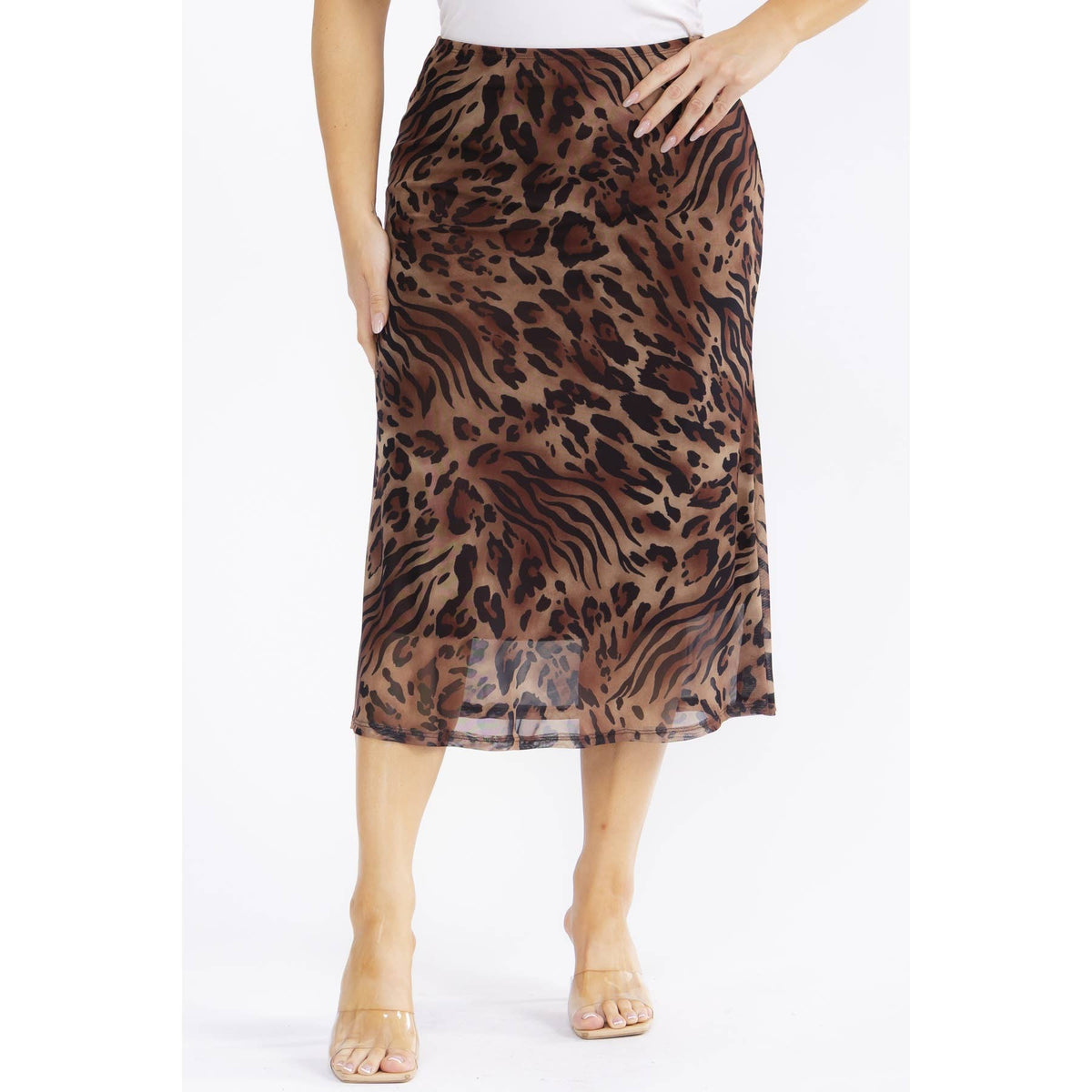 PLUS SIZE LEOPARD ANIMAL PRINT MESH MIDI SKIRT: Brown / 2X - Cluff CO LLC