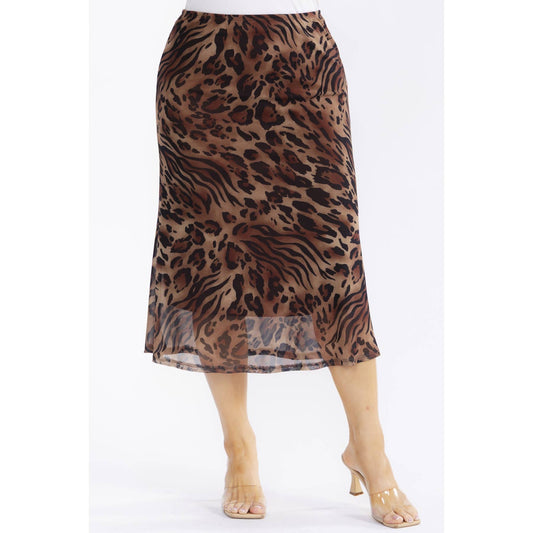 PLUS SIZE LEOPARD ANIMAL PRINT MESH MIDI SKIRT: Brown / 2X - Cluff CO LLC