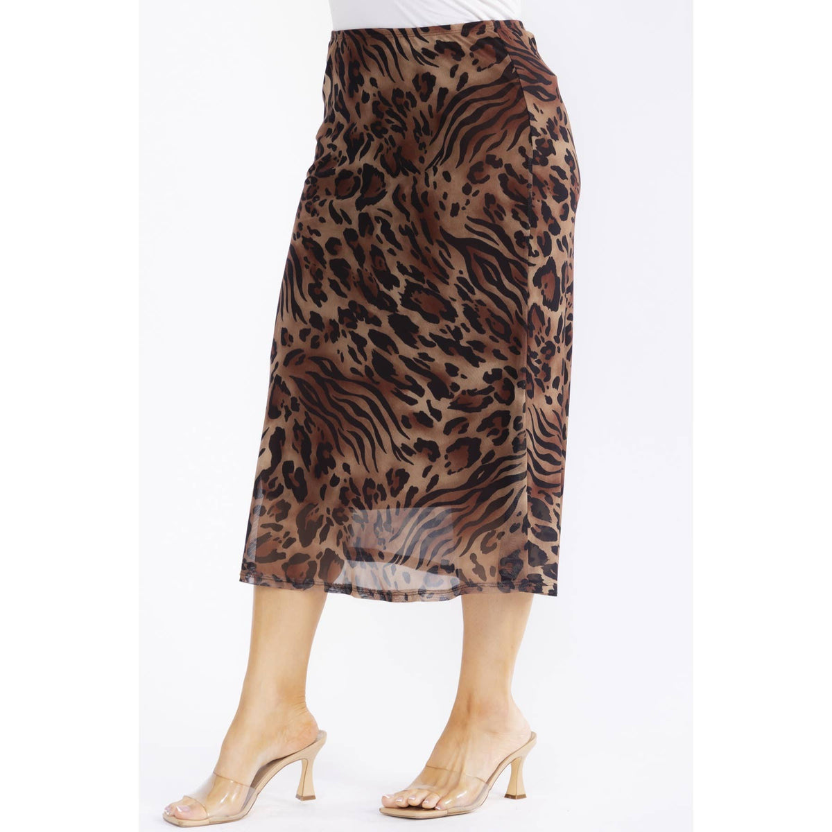 PLUS SIZE LEOPARD ANIMAL PRINT MESH MIDI SKIRT: Brown / 2X - Cluff CO LLC