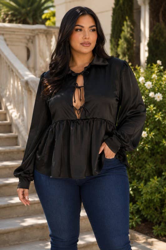Plus Size Leopard Print Satin Long Sleeve Blouse: Solid Black / 2XL - Cluff CO LLC