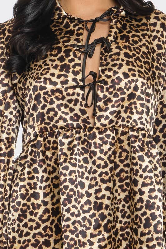 Plus Size Leopard Print Satin Long Sleeve Blouse: Solid Black / 3XL - Cluff CO LLC