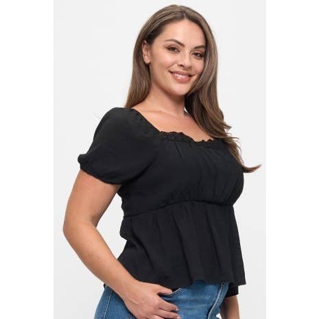 PLUS SIZE SQUARE NECK SHORT SLEEVE BABYDOLL BLOUSE: Brown / 1X - Cluff CO LLC