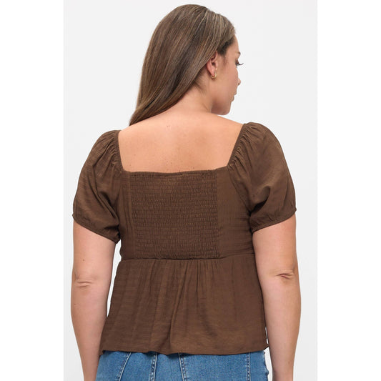 PLUS SIZE SQUARE NECK SHORT SLEEVE BABYDOLL BLOUSE: Brown / 1X - Cluff CO LLC
