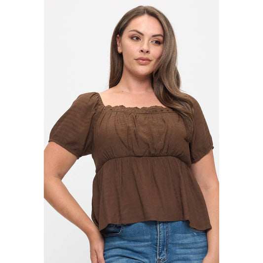 PLUS SIZE SQUARE NECK SHORT SLEEVE BABYDOLL BLOUSE: Brown / 2X - Cluff CO LLC