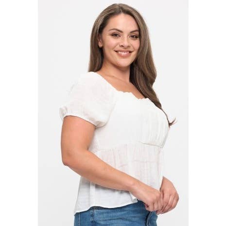 PLUS SIZE SQUARE NECK SHORT SLEEVE BABYDOLL BLOUSE: Brown / 2X - Cluff CO LLC