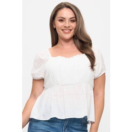 PLUS SIZE SQUARE NECK SHORT SLEEVE BABYDOLL BLOUSE: Brown / 2X - Cluff CO LLC