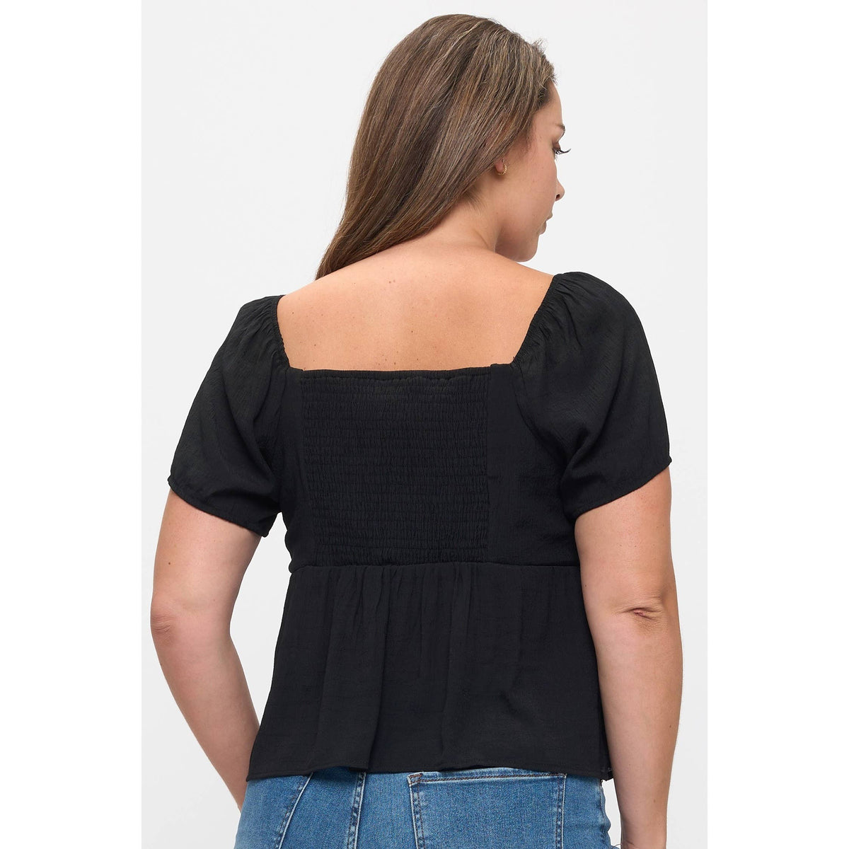 PLUS SIZE SQUARE NECK SHORT SLEEVE BABYDOLL BLOUSE: Brown / 2X - Cluff CO LLC
