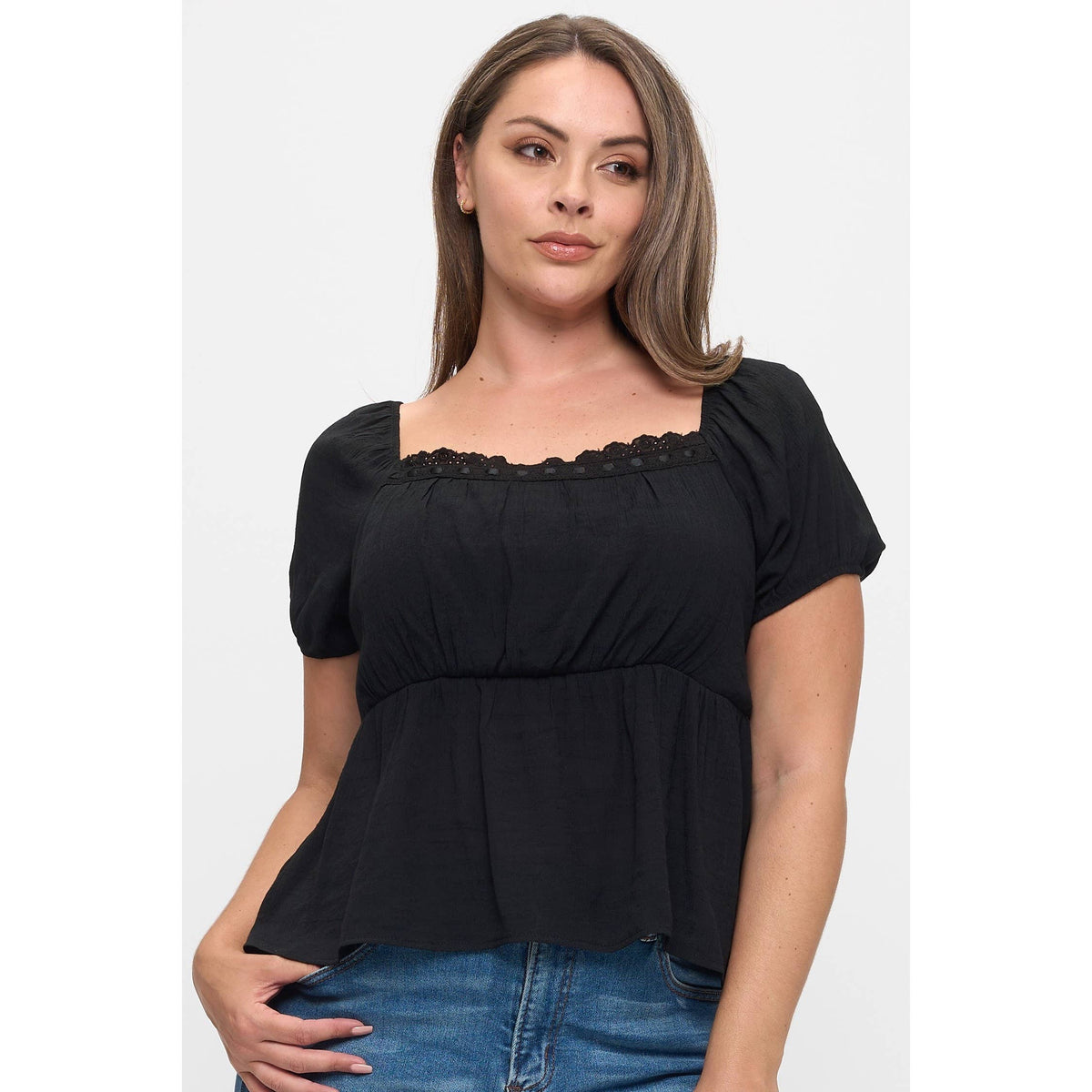 PLUS SIZE SQUARE NECK SHORT SLEEVE BABYDOLL BLOUSE: Brown / 2X - Cluff CO LLC